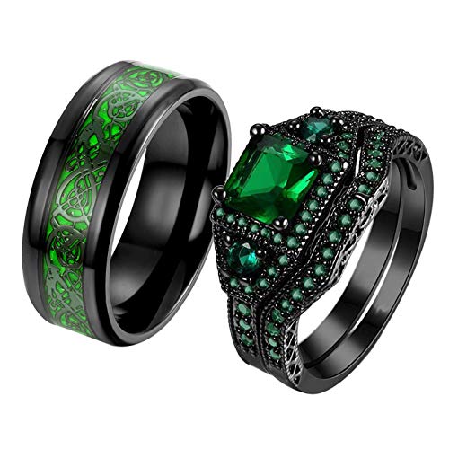 ringheart 2 Rings His and Hers Rings Black Plated Couple Rings Princess cut 6mm Green Cz Womens Wedding Ring Sets Titanium Steel Mens Wedding Bands