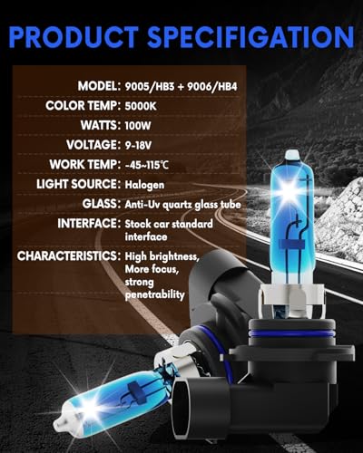 Image of Compatible with Toyota Highlander 2000-2007 Halogen Headlight Bulb Combo - 185% Brighter 5000K White High /Low Beam, Plug and Play, 4-Pack