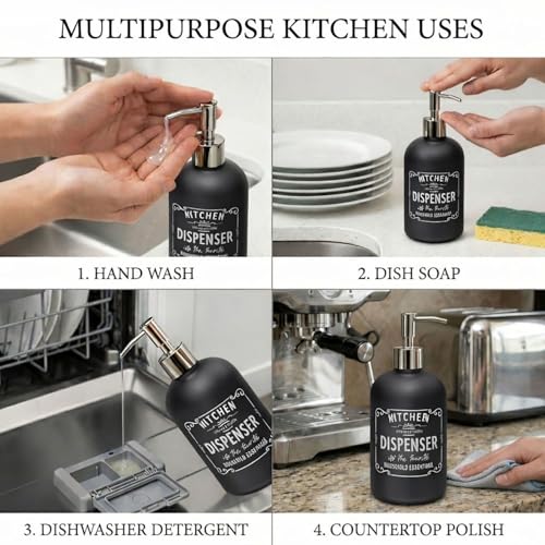 Image of Luxe Home International Kitchen Dispenser Print Glass Soap Dispenser for Bathroom and Kitchen Sink Leak Proof Liquid Hand Wash Round Bottle Lightweight Smooth Finish (19.5x7.5 cm Black) Pack of 1