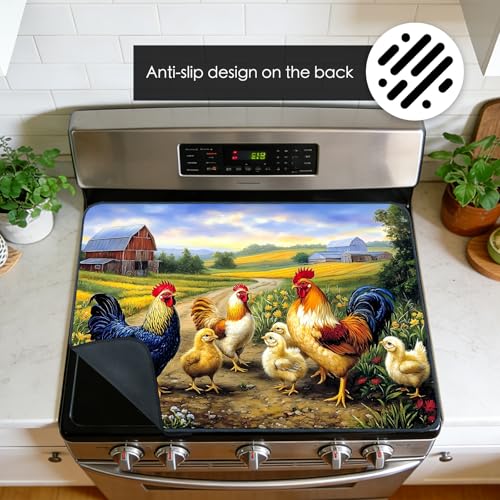 Image of Nuxovilar Farm Rooster Stove Top Cover, 20.47x28.34 Inches Polyester Mat | Cooktop mat kitchen decor glass cooktop cover gas cooktop protector for kitchen, apartment countertop (Farm rooster print)