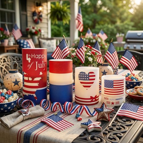 Image of 4th of July Flameless Pillar Candles with Timer Remote Control,250th Anniversary Red White and Blue LED Candles Battery Operated Set of 4 for American Independence Day Home Decor