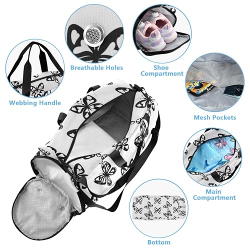 Butterfly Heart Shape White Kids Travel Duffel Bag for Boys Girls Overnight Weekend Tote Bag with Shoes Compartment for Beach Swim Trip4