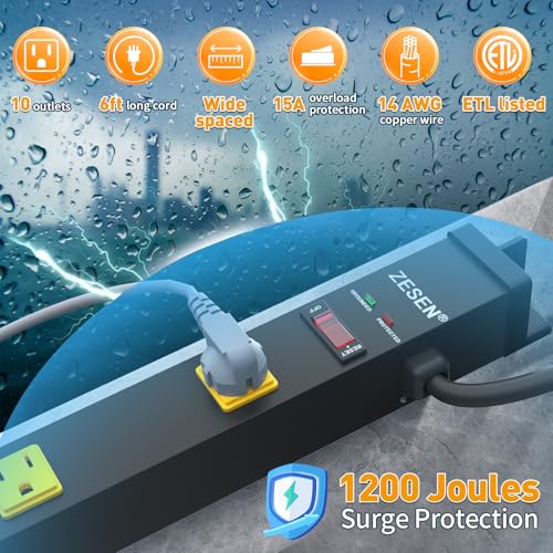 Image of 10 Outlet Long Power Strip, Wide Spaced Outlet Power Bar, Heavy Duty Metal Power Strip with 6FT Cord for Work Bench, Garage, Shop, Overload Protection Switch, ETL Listed (15A /1875W)