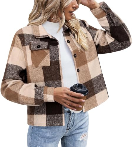 Zeagoo Damen Kurze Jacke Flanell Karierte Hemdjacke Lange Ärmel Revers Herbst Winter Flanellhemd Karierte Hemd Bluse Holzfällerhemd Khaki XL