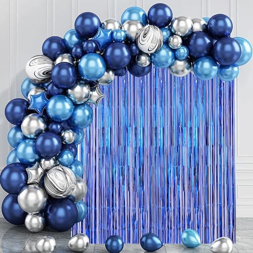 Image of Voircoloria 2 Pack Blue Foil Fringe Backdrop Curtains, Tinsel Streamers Party Decorations, Fringe Backdrop for Graduation, Disco Party