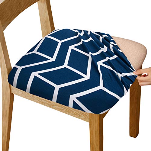 Gute Stretch Printed Chair Seat Covers with Elastic Ties and Button, Removable Washable Dining Upholstered Chair Protector Seat Cushion Slipcovers for Dining Room, Blue