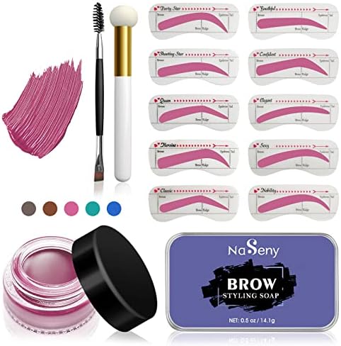 NaSeny Brow Charm Stencil Kit Waterproof Eyebrow Stencil Kit for Beginners Setting Gel with Dual Ended Brush and Sponge Applicators Perfect Brows Stencil & Stamp Kit with 10PCs Reusable Eyebrow Stencils (Pink)