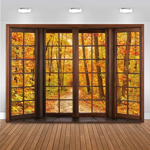 Toile de fond fenêtre en bois d'automne tissu mat