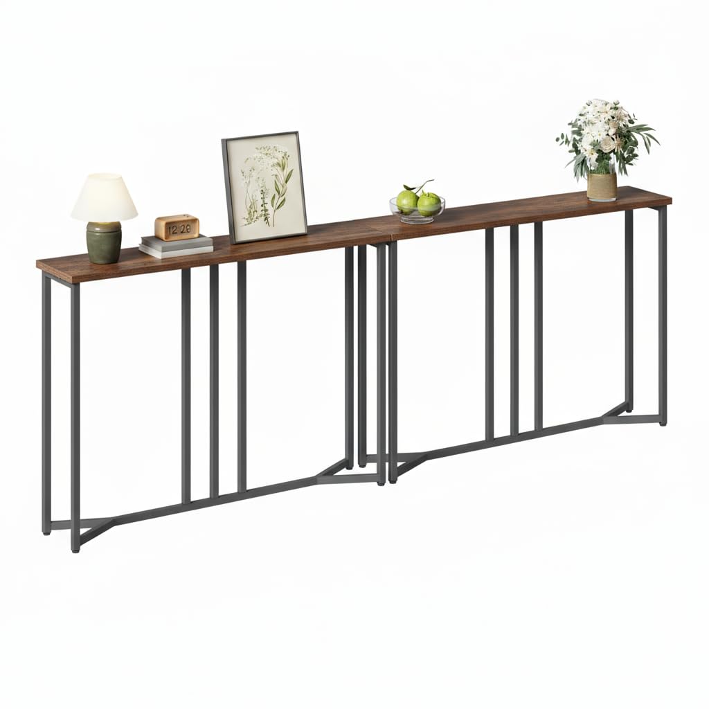 YITAHOME Set of 2 Console Table, 80cm Slim Console Table for Hallway, Metal Frame, Compact Display Table, Sofa Table for Small Spaces, Entryway, Living Room, Sturdy, Natural Wood Color and White