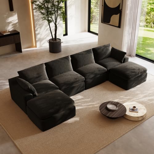 Image of Novilla 133.8 inch Modular Cloud Couch, Modern Sectional Sofa with Smarts Coil Support, Chenille Fabric, Upholstered Couch for Living Room Apartments Bedroom, No Assembly, 4 Seater + 2 Ottoman, Dark Grey
