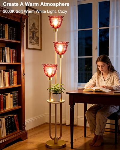 Image of Lightdot Glass Floor Lamp with 5Lbs Heavy Base for Living Room Modern Gold Floor Lamp with Rose Red Glass Shade & 3000K Bulbs Included Tall Standing Lamp with Foot Switch for Sofa Beside /Corner Decor