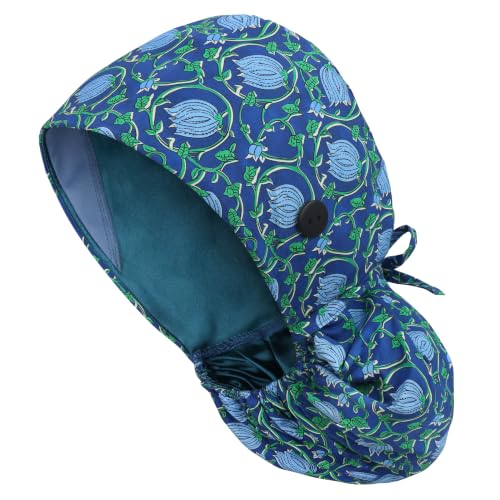 Image of Satin Lined Scrub Cap for Women, Bouffant Nurse Cap with Sweatband and Buttons, Adjustable Surgical Hat for Curly Hair, Braids, Long Hair and Buns, Royal Vine Blossom