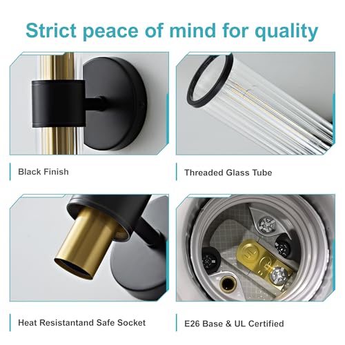 Image of Bathroom Light Fixtures 2 Pack Hardwired, Black Gold Wall Sconce Threaded Glass Vanity Light Featuring Two E26 sockets, Bathroom Wall Light Dimmable - Bulb Not Included, UL Certification