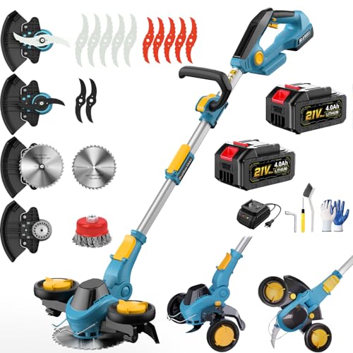 Akku Rasentrimmer für Makita-Akkus 3 in 1 Elektrischer Freischneider Bürstenloser Rasentrimmer Mit 2 x 4.0Ah Akku & 4 Klingentypen Akku Motorsense/Rasenkantenschneide mit Unkrautbürste