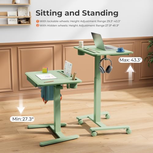 Image of Mobile Standing Desk with Drawer, 28 inch Rolling Desk with Cup Holder and Hooks, Portable Laptop Workstation on Wheels, Height Adjustable Cart with Storage for Home Office, Sage Green