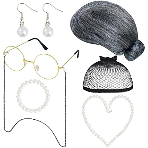 Ailesiy 7Pcs Old Lady Costume Set Granny Wig Cap Meatball Head Glasses Pearl Necklace Pearl Beads Earrings For Toddler Adult Women Men Halloween Cosplay Dress Up Party Christmas Mrs. Claus, Black Gray Cover