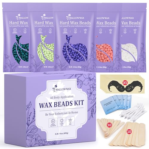 Image of Mallowwax Wax Beads for Hair Removal -5 Pack Hard Wax for Sensitive Skin, Ideal for Bikini, Brazilian, Face, Eyebrow, Legs, Armpit, Full Body - Professional Waxing Wax Refill at Home for Women Men