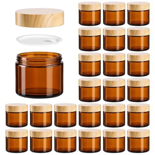 24 Pack 2 oz Amber Glass Cosmetic Jars with Woodgrain Lids