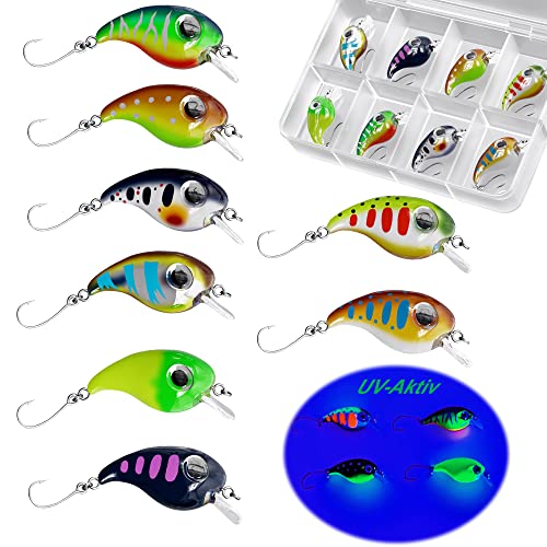 Messeneuheit 2023 Forellen Wobbler Set Schwimmend 8 Stück 2g 3cm in Köderbox | 1-2 Meter Tauchtiefe | Wobbler Forelle mit Einzelhaken | Mini Wobbler Forelle Barsch Saibling Döbel