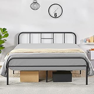 Yaheetech Black Metal Double Bed 4ft6 Iron Bed Frame with Curved Headboard, Under Bed Storage Space, for Adults/Teenagers, Suit for 135x190cm Mattress, Easy Assembly