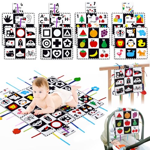 Image of beiens Tummy Time Black and White High Contrast Crinkle Toys with Mirror Teether, Toys for 0-6-12-18 Months Toddler Newborn Baby, Sensory Play Mats, Baby Gifts for Boy Girl