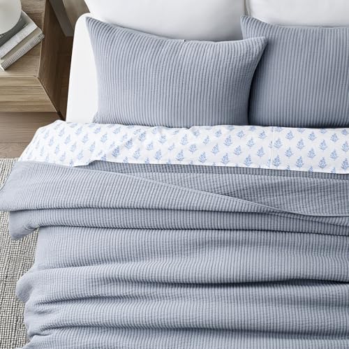 Image of EVERGRACEHOME Cotton Coverlet Set Full Queen Size 3 Pieces, Lightweight Soft Ribbed Matelasse Bedspread Quilt Set, Cozy Oversized Quilted Bedding Set with 2 Pillow Shams for All Seasons, Blue Linen