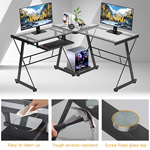 Fdw Computer Desk Gaming Desk L Shaped Corner Desk Home Office Writing Workstation Toughened Glass Study Keyboard Cpu Stand Pc Modern Table For Small Spaces (Clear) #TOP4