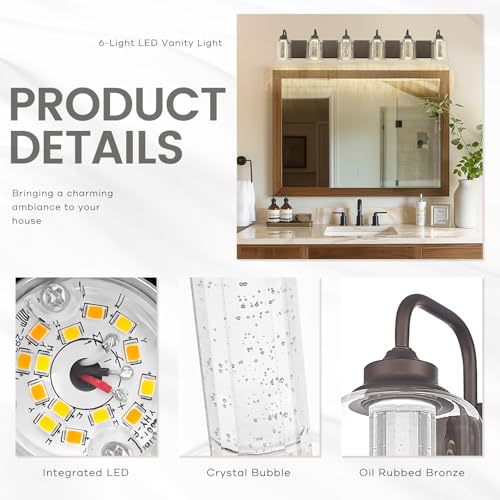 Image of zeyu 40W 6 Light Bathroom Light Fixtures, 44 Inch LED Vanity Wall Light with 5 Color Modes, Oil Rubbed Bronze Finish with Crystal Bubble and Clear Glass, ZSL72B-6W LED ORB