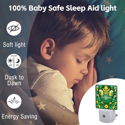 Image of Happy St. Patrick's Day Night Light for Kids,Green Shamrock Leprechaun and Rainbow Night Light Plug in with Dusk to Dawn Sensor, 0.5w Energy Saving Sleep Friendly Nightlight for Kitchen Bedroom