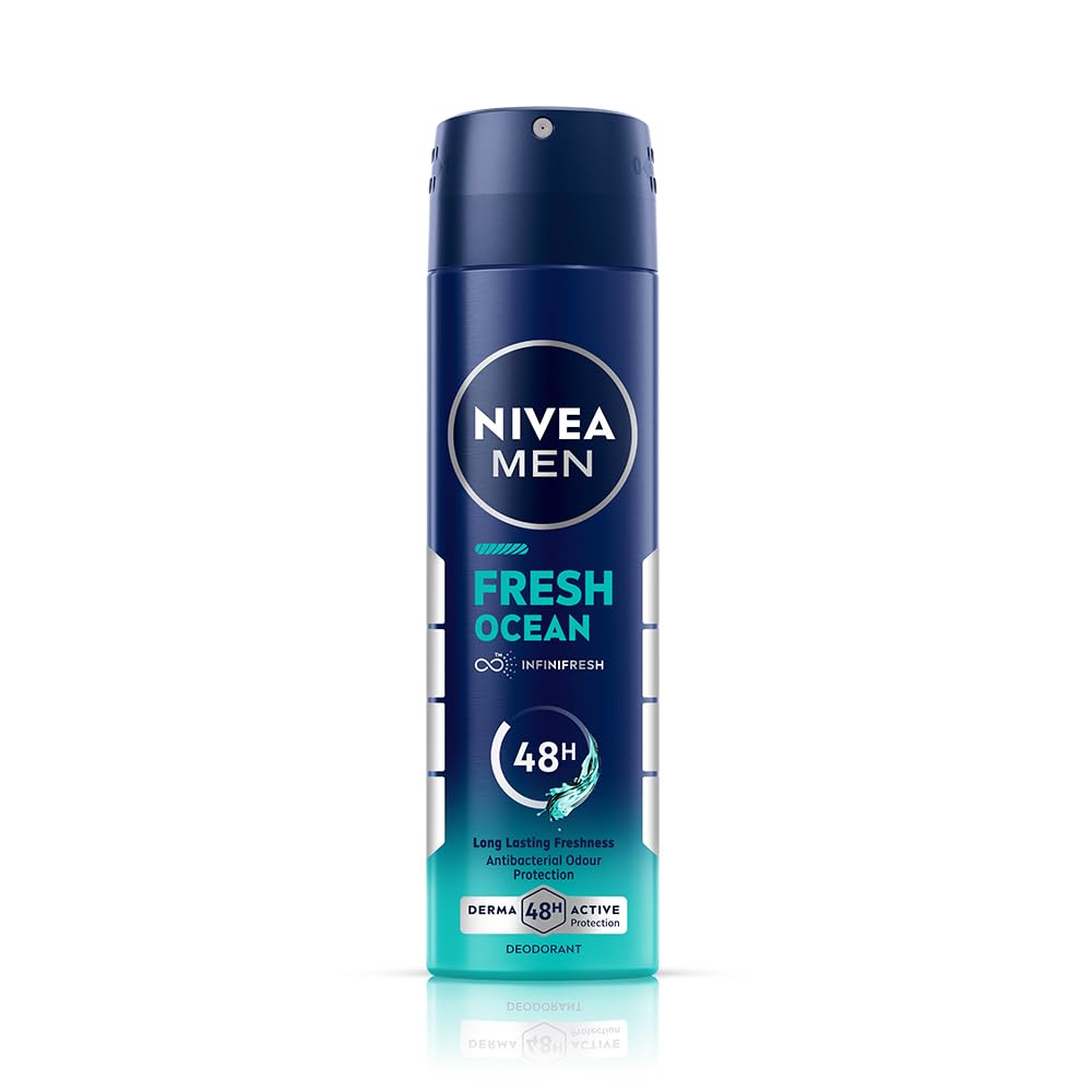 NIVEA Men Fresh Ocean Deodorant Spray, 150ml | 48 H Active Odour Protection | Fresh Long Lasting Deo for men | Fights Odour causing bacteria | Aqua and Sandalwood | 150ml