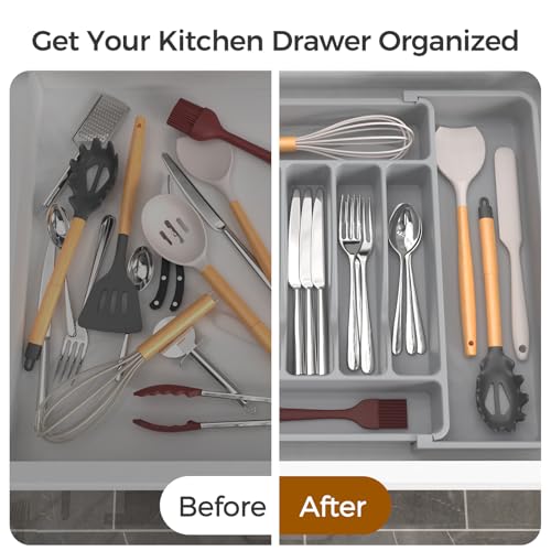 Extra Large Expandable Silverware Organizer, BPA-Free Food-Safe Cutlery Flatware Organizer, Kitchen Utensil Drawer Organizer, Adjustable Silverware Holder for Spoons Forks Knives, Gray