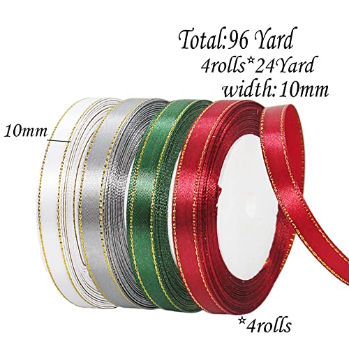 YAAVAAW 4 Rolls Burgundy Red,Dark Green,Grey,White Ribbon 10mm for Gift Wrapping 22M - Image 2