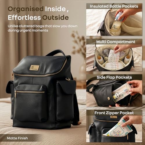 Image of R for Rabbit Caramello Bold Neo Diaper Bag for Moms, Vegan Leather Baby Bag with Insulated Bottle Pockets, Multi-Compartment Maternity Backpack, Stylish Travel Bag Upto 39 Litre Capacity (Jade Black)