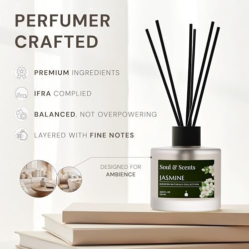 Image of Soul & Scents Jasmine Reed Diffuser Set - 120ml with Free 6 Fiber Reed Sticks Each | Toxin Free & Stress Relief | Long Lasting | Smoke Less Room Freshener for Home, Bedroom & Office | Pack of 2