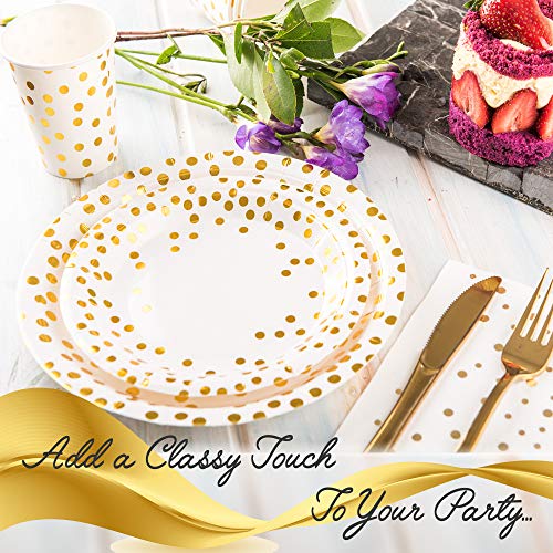 Modda 200Pcs Gold Dot Disposable Paper Plates, Cups, Napkins Set - 50 Dinner and Dessert Plate, 50 Cup and Napkin for Engagement Wedding Birthday Bridal Baby Shower Party, Gold Paper Plates Sets
