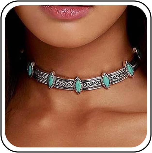 Boho Turquoise Choker Necklaces Vintage Turquoise Necklaces Chunky Silver Chain Necklaces Thick Collarbone Necklace Retro Gypsy Necklaces Chain Jewelry for Women Tribal Necklace