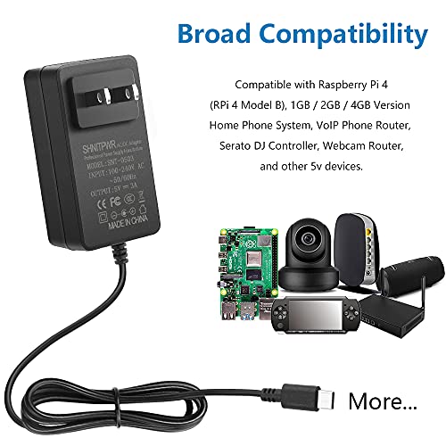 Shnitpwr 5V 3A Usb C Power Supply Adapter For Raspberry Pi 4 Type C Power Converter Cord 100~240V Ac To Dc 5 Volt 3000Ma Transformer Compatible With Raspberry Pi 4 Model B 1Gb / 2Gb / 4Gb #TOP4