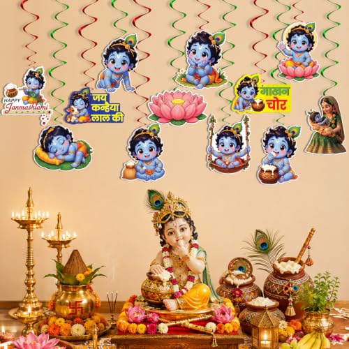 Image of Party Propz Janmashtami Decoration Hanging Swirls with Cutouts for Janmashtami Special Decoration - 12 Pcs Krishna Cutouts Items for Home, Kanha Decorations Items and Festival Decor