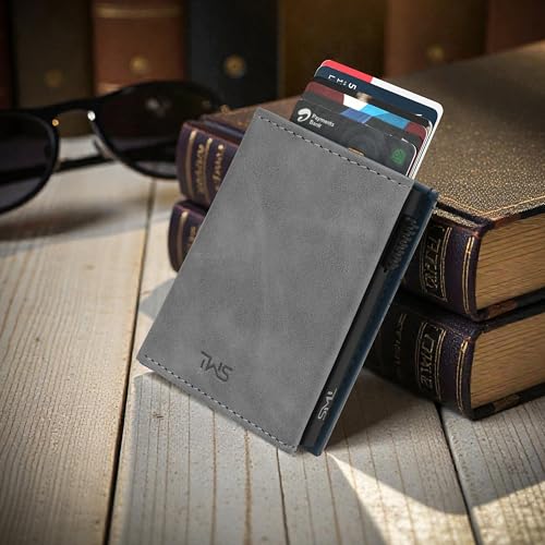 Image of The Wallet Store SlideX Neo RFID-Protected Pop-Up Card Holder Wallet for Men | Minimalist Leather Smart Wallet with Quick Access Ejector | Compact Dual-Color Card Case | Holds 6-10 Cards (Grey)