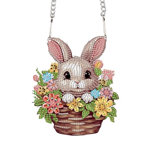 Image of AiYuanzsh Rabbit Flower Basket Diamond Painting Hanging Kit, 5D DIY Acrylic Special Shaped Diamond Art Pendant Ornament with Chain for Wall, Door, or Garden Decor, Easter Diamond Art Kit for Adults