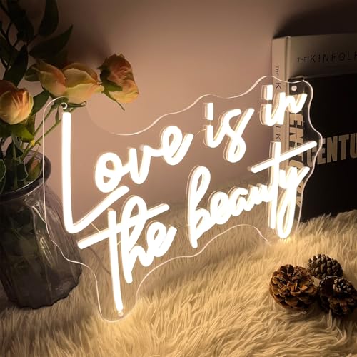 Image of Love is in The Beauty Neon Sign Spa Beauty Room Brows Lashed Salon Studio LED Wall Art Decor For Business Stores Logo Barber Shops Led Indoor Custom Neon Lights 5V USB Powered Warm White 40x29.7 CM