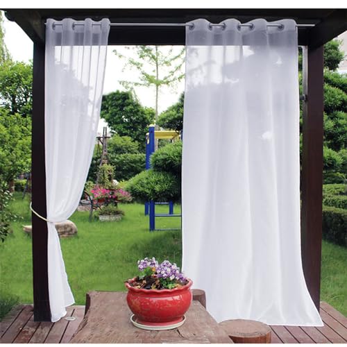 YWBXSHKD Outdoor Sheer Curtains For Patio 132x183cm, Waterproof Outdoor Curtain, White Semi Voile Waterproof Sheer Curtains For Gazebo, Pergola, Porch, Set Of 2 Window Curtain Panels