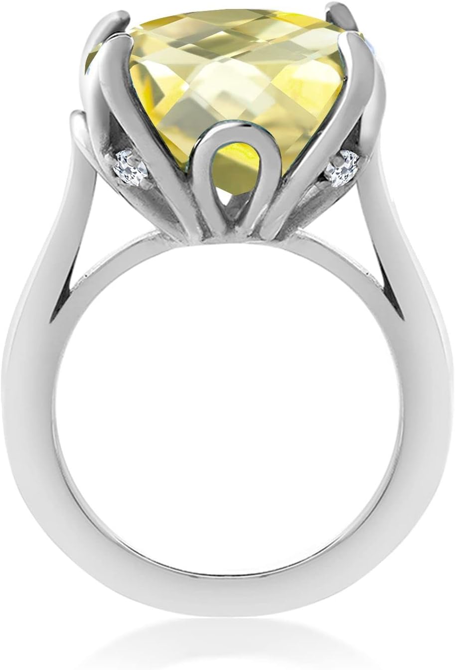 Gem Stone King 9.10 Cttw Yellow Lemon Quartz and White Topaz Engagement Ring For Women | 925 Sterling Silver | 14MM Cushion Checkerboard | Wedding Engagement Anniversary Promise Ring