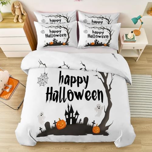 Funda Nórdica de Halloween 200 x 200 cm - Halloween Dibujos Animados Cementerio Juego de Funda Nórdica de Fácil Cuidado 3 Piezas, Blanquecino Suave Microfibra para Niños Niñas Adolescente