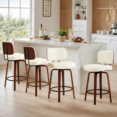 Image of Counter Height Bar Stools Set of 2, 26+inch Swivel Faux Leather Barstool with Back, Upholstered Mid-Century Modern Bar Chairs with Bent Wood Legs for Kitchen Counter, Dining Room, Cream White