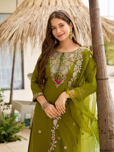 Image of Naixa Women's Rayon Embroidered Straight Kurta with Pant and Dupatta Sets (NX2-741)