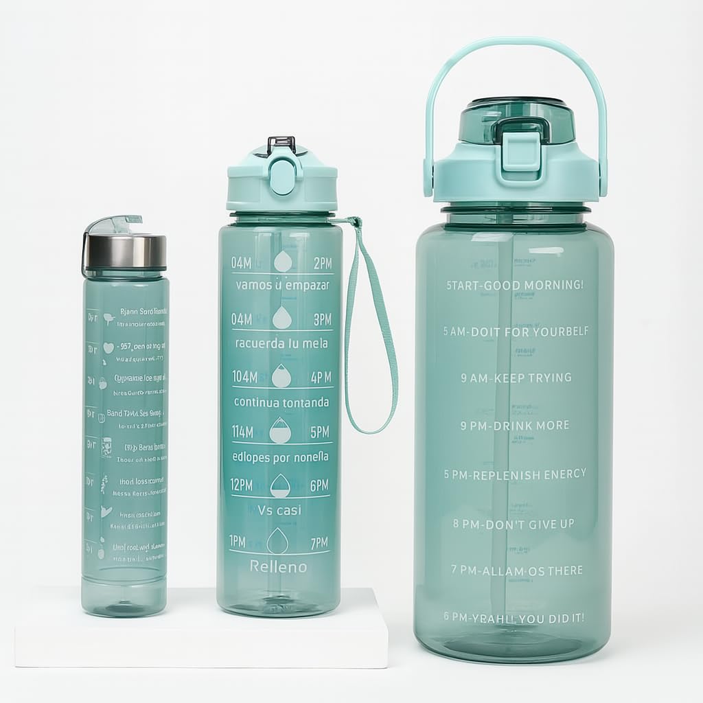 Set of 3 Transparent Water Bottles (2000ml, 900ml, 300ml) – BPA-Free with Motivational Time Marker | Leak-Proof & Break-Proof Sipper Bottles for Gym, Office, School & Travel (green)-image-27