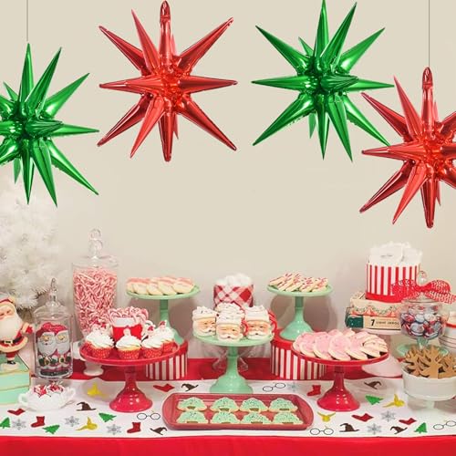 Image of TONIFUL 4Pcs Explosion Star Balloons Red and Green Foil Balloon Party Decor | 22 Inch Large Mylar Star Balloon for Christmas Party Decorations New Year Birthday Wedding Baby Shower Photo Booth Supplies