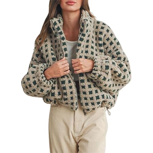 Womens Checkered Sherpa Fleece Jacket Lightweight Zip Up Long Sleeve Plaid Fur Outerwear with Pocket