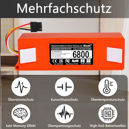 Mucek 14,4V 6800mAh Li-ion Ersatzakku für Xiaomi Roborock S5 S50 S51 S55 S6 S7 T6 E20 E35, Mijia 1. und 2. Generation, Mijia Roboter Staubsauger Ersatzakku Akku